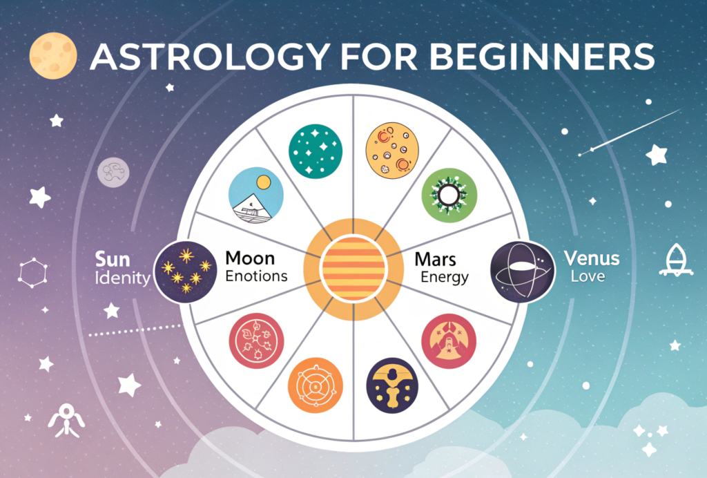 Infographic for astrology for beginners showing zodiac signs, planets and their influence, 12 houses in astrology, Dasha timeline, Nakshatras, and Yogas in a colorful, easy-to-understand design.