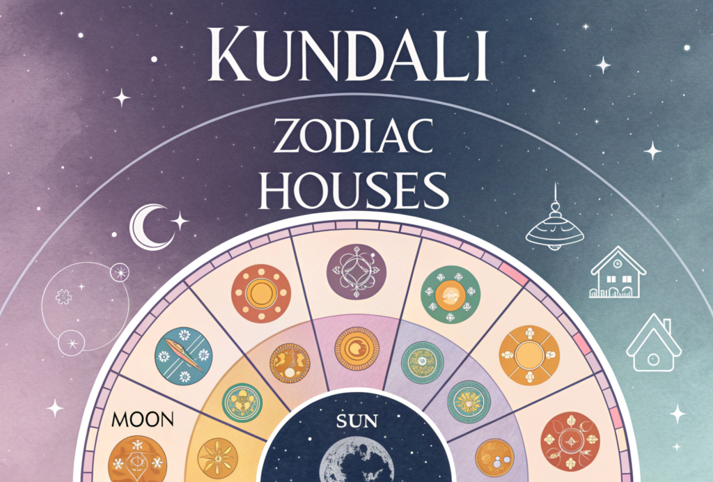 Birth chart kundali diagram showing 12 houses, zodiac signs, and planets for astrology beginners