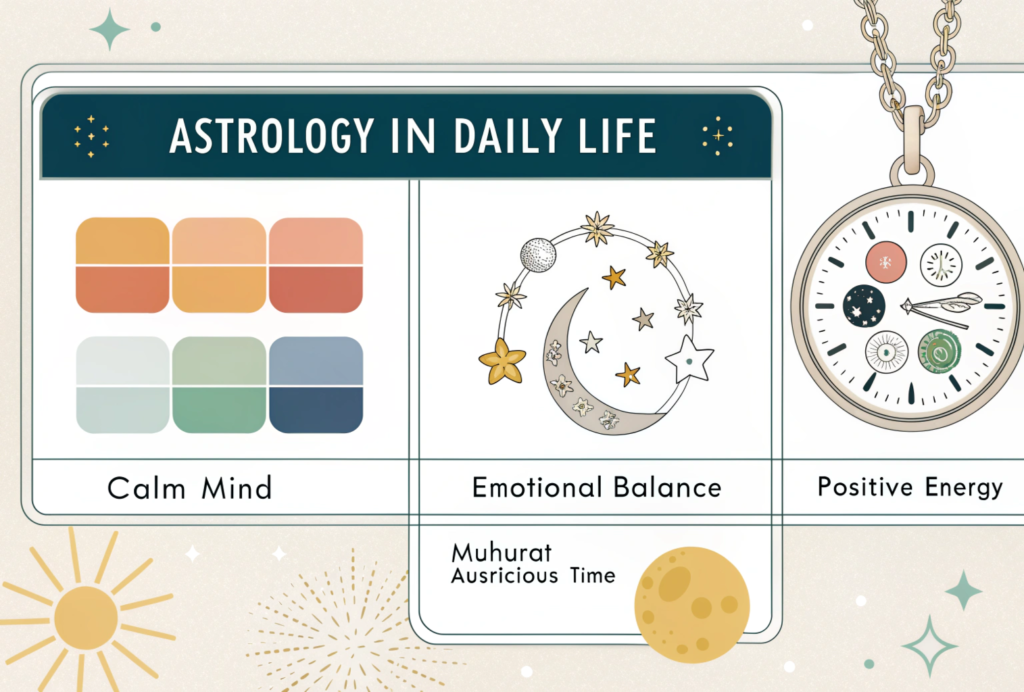 "Infographic on astrology in daily life showing lucky colors for each day of the week with their planets, benefits of wearing a silver chain, and a symbolic clock for auspicious ‘Muhurat’ times."