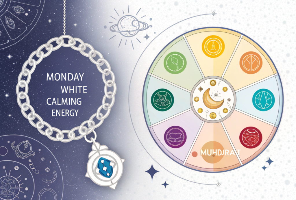 "Infographic showing astrology in daily life — lucky colors and planets for each day of the week, silver chain benefits, auspicious Muhurat clock, and symbolic icons for marriage, baby gender, lifespan, and past life astrology."