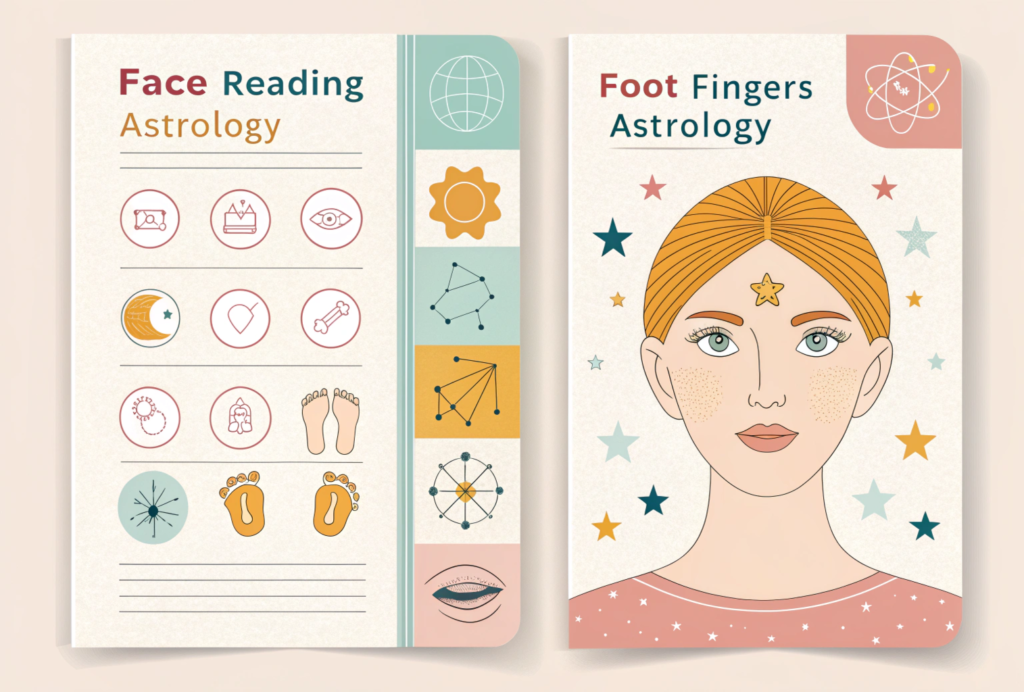 "Astrology signs and symbols infographic showing face reading features like broad forehead, arched eyebrows, full lips, and foot fingers astrology with second toe length, even-sized toes, and curved toes meanings."