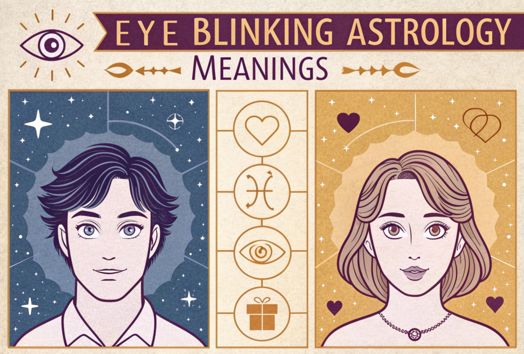 Eye blinking astrology meanings illustrated with male and female faces, showing right and left eye blinking interpretations, including symbols for good news, career success, friendship, and caution signs.