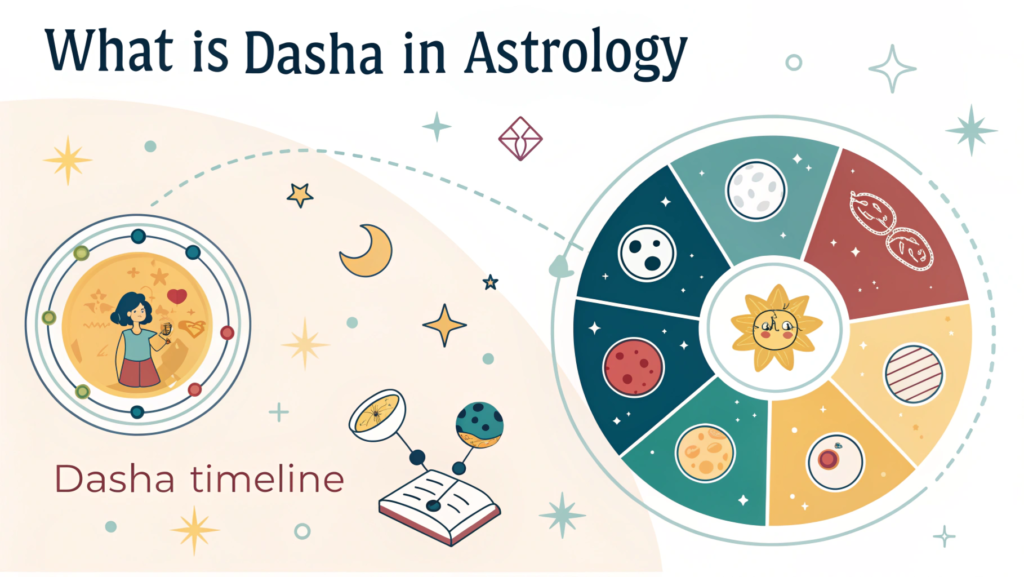 Colorful infographic for beginners showing what is Dasha in astrology with zodiac signs, planets, 12 houses, Dasha timeline, Nakshatras, and Yogas in a simple design."