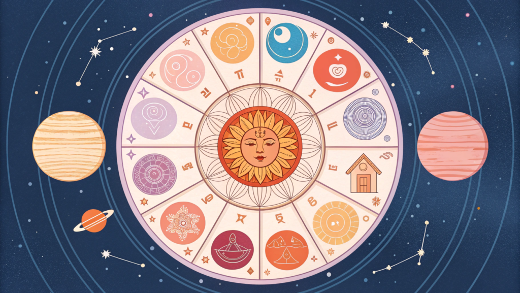 "Illustration of an astrology birth chart showing 12 houses with planets as house lords, highlighting Venus in the 7th house symbolizing love and harmony, and Mars in the 7th house symbolizing passion and challenges."