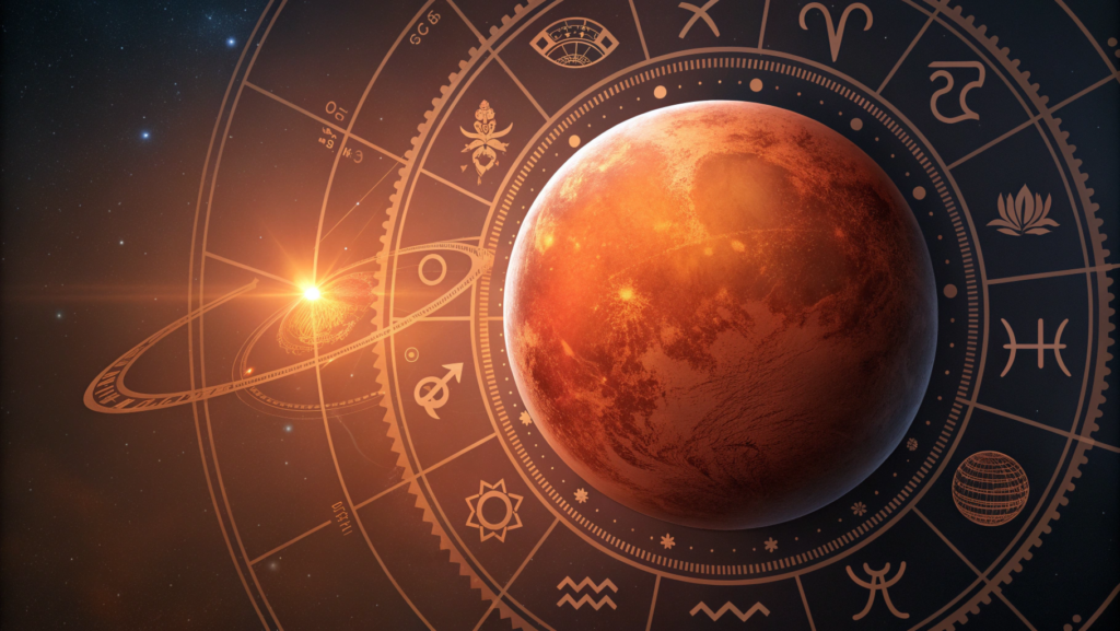 "Illustration of Mars in Hindi astrology showing fiery red planet Mangal with astrological symbols and warrior-like energy"