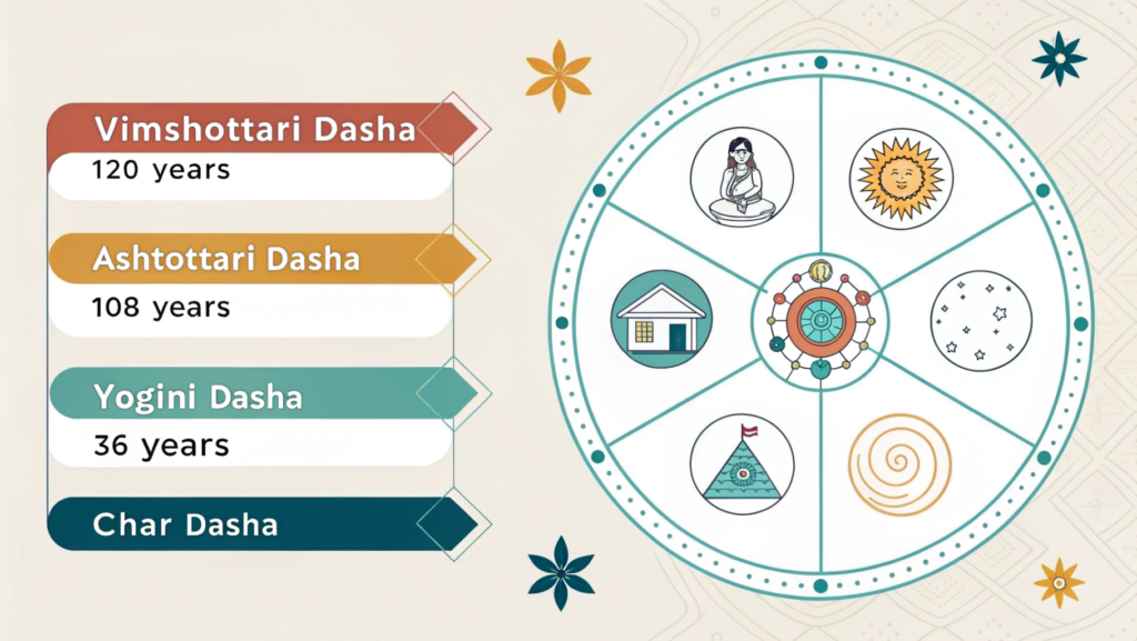 "Infographic for beginners showing types of Dashas in Vedic astrology with kundali birth chart, zodiac signs, planets, Vimshottari Dasha, Ashtottari Dasha, Yogini Dasha, and Char Dasha."