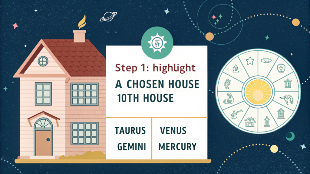 "Infographic explaining how to find the lord of a house in astrology, showing a birth chart, zodiac signs with their ruling planets, and a step-by-step guide using the 10th and 7th house examples."