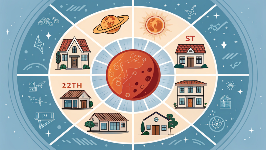 "Illustration of Mars in Hindi astrology showing Mars effects in different houses of birth chart including self, wealth, home, marriage, and career"