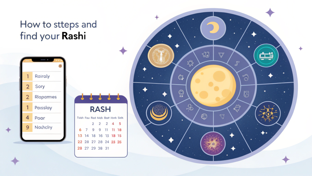 “Visual steps to know my Rashi in astrology with birth details, Moon sign, Kundli chart, and online calculator”