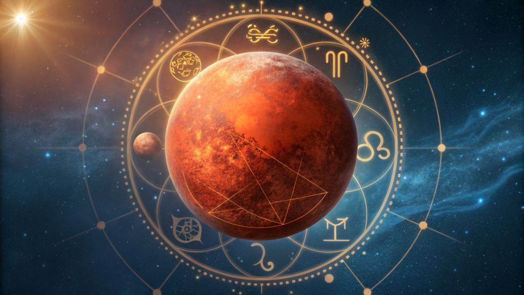 "Illustration of Mangal Dosha in Hindi astrology showing Mars effects in 1st, 2nd, 4th, 7th, 8th, and 12th houses of birth chart with impact on marriage and relationships"
