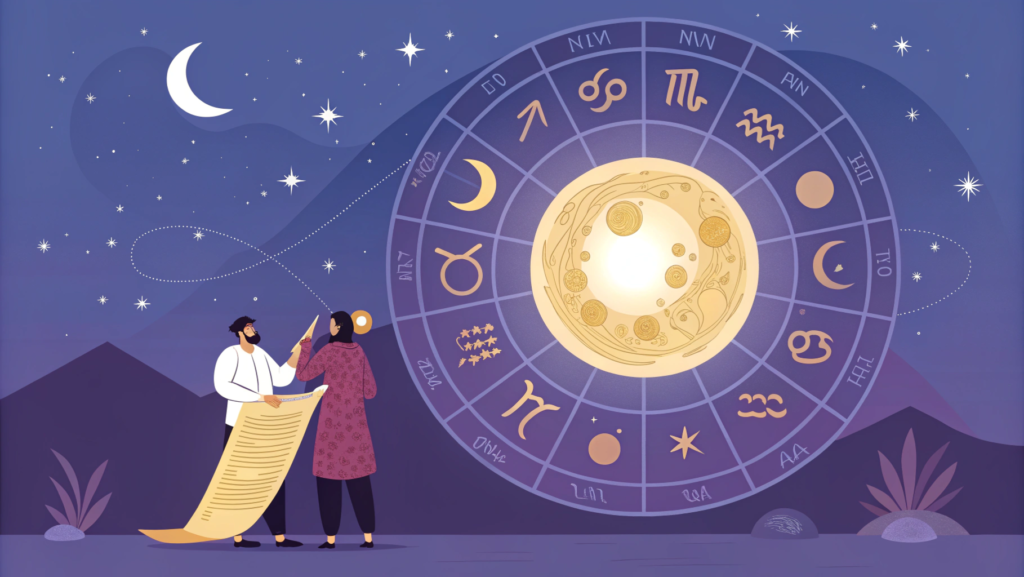 “Astrology illustration showing the importance of Rashi in predictions with Moon sign, horoscope, marriage compatibility, and planetary movements”