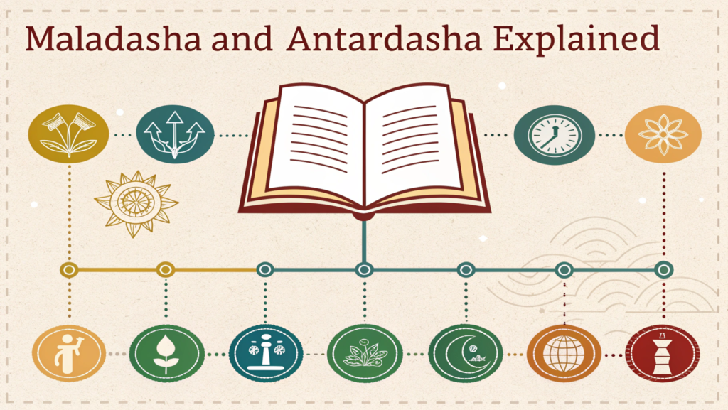 "Infographic explaining Mahadasha and Antardasha in astrology with planetary timelines, lucky colors, planets of the week, silver chain benefits, Muhurat clock, and symbolic icons for marriage, baby gender, lifespan, and past life."