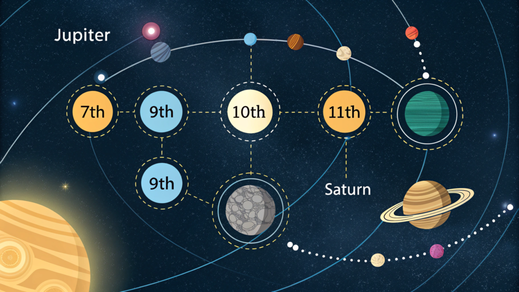 "Infographic of planetary combinations with house lords in astrology, showing Jupiter with the 9th house lord for luck and wisdom, Saturn with the 7th house lord for challenges in relationships, and the 10th and 11th house lords combining for career and financial success."