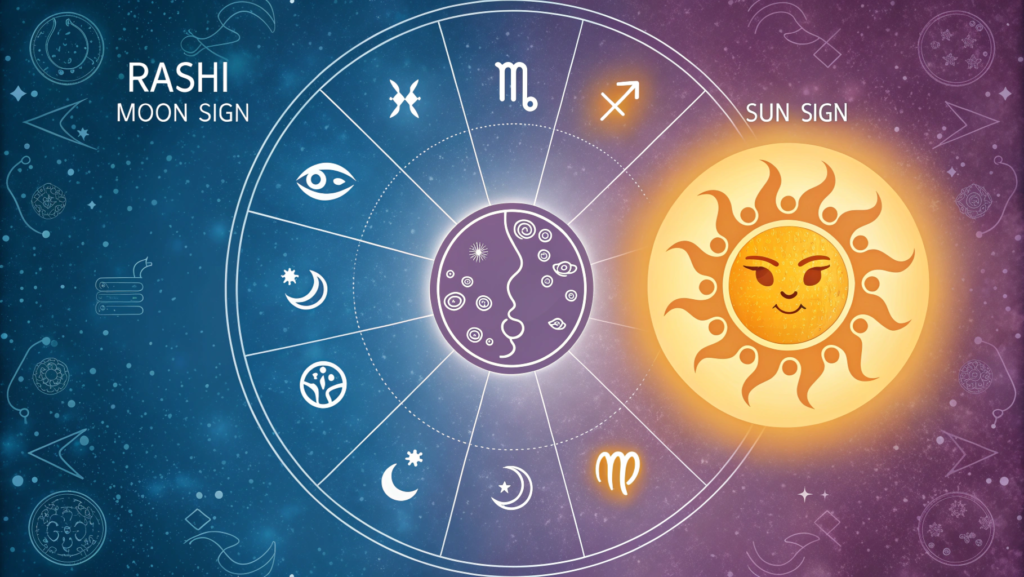 “Visual comparison of Rashi vs Sun sign showing Moon sign for inner personality and Sun sign for outer personality”