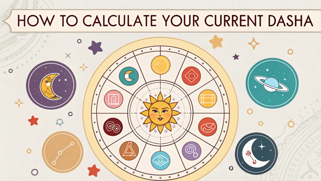 "Infographic on how to calculate your current Dasha in astrology with kundli birth chart, Moon position, Mahadasha and Antardasha timeline, horoscope generation steps, and symbolic face and foot astrology signs."