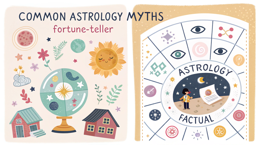 "Illustration comparing astrology myths versus facts, with fortune-telling imagery on one side and accurate scientific-style astrology charts with planets and houses on the other, designed for beginners."