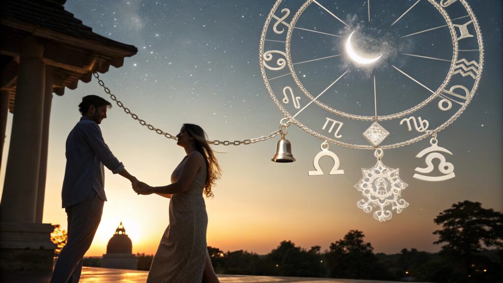 Couple holding hands under zodiac symbols with cosmic aura, representing astrology’s role in marriage. is astrology true for marriage