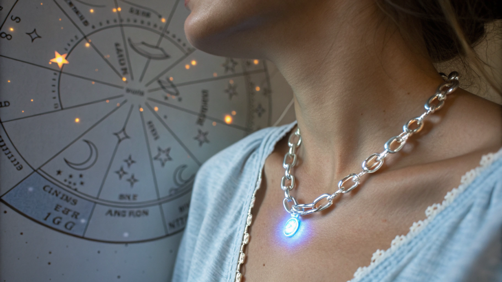 Silver chain in neck showing astrological benefits linked with Moon energy. Discover the benefits of wearing silver chain in neck astrology—boost calmness, regulate energy, improve focus, and protect from negativity in 2025.