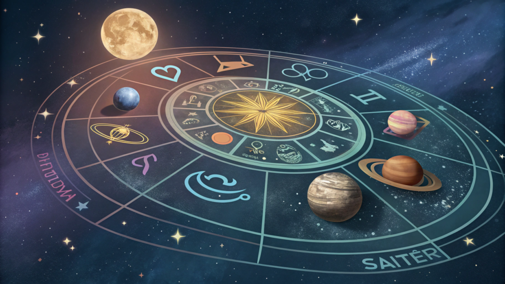 An astrology chart showing planetary positions and rashis to explain how astrologers decide the good time today as per astrology based on Moon, Mercury, Jupiter, and Saturn placements.