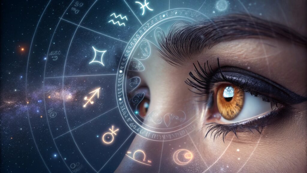 Right eye blinking for female astrology meaning with cosmic symbols around the eye.