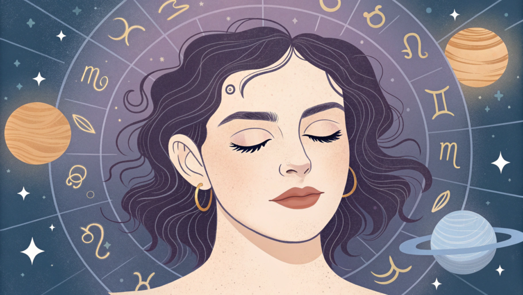 Left eye blinking for females illustration with astrology symbols representing emotional and spiritual significance.