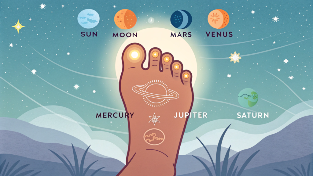 Illustration of foot fingers astrology showing planetary influences on each toe — Sun and Moon on the big toe, Mars and Venus on the second, Mercury on the third, Jupiter on the fourth, and Saturn on the little toe.