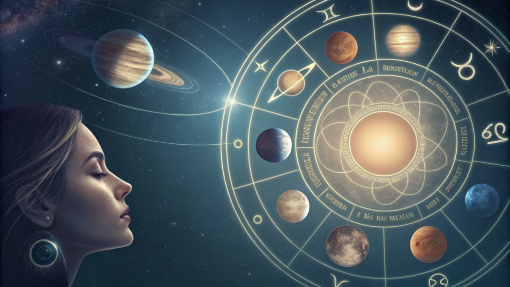 Astrology illustration of planets and zodiac signs influencing the meaning of left eye blinking for females.