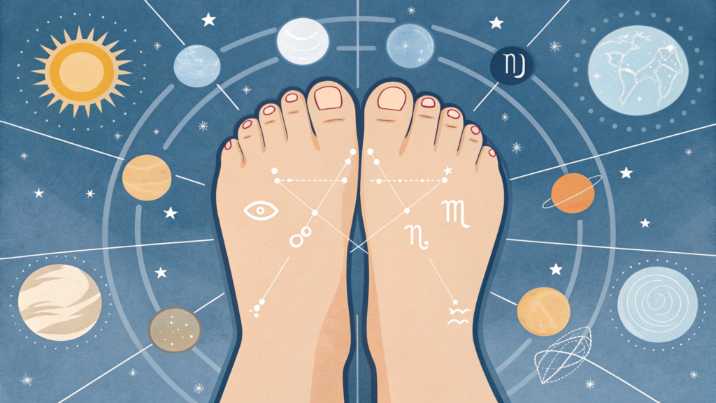 Illustration of foot astrology showing human feet with highlighted toe shapes, arch height, and pressure points, surrounded by subtle planetary symbols representing personality and health insights.