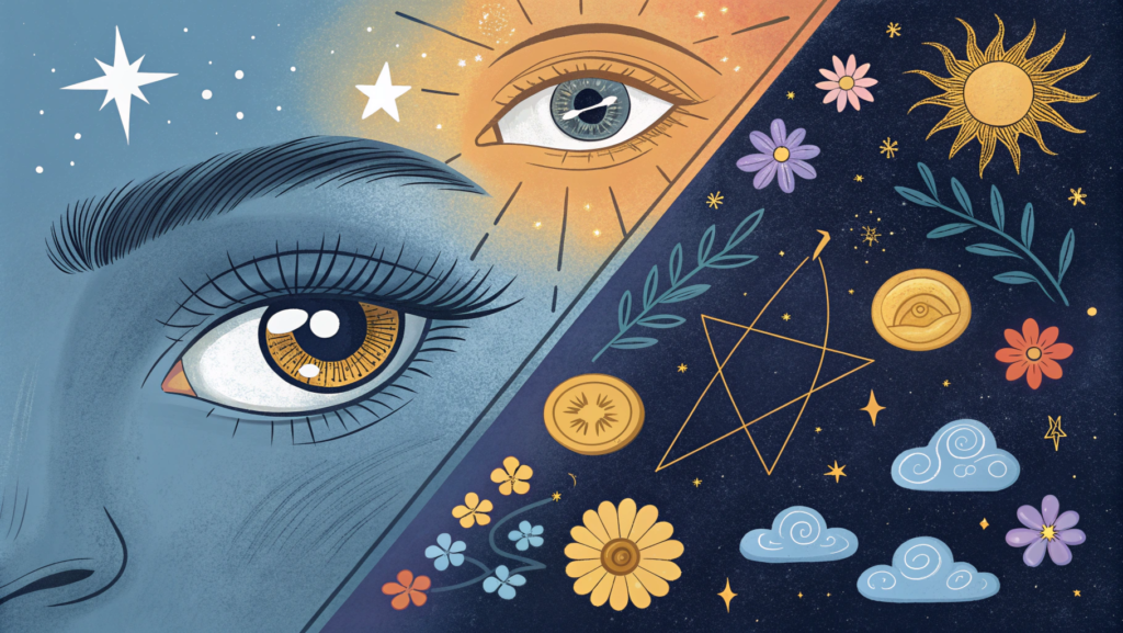 Comparison of left and right eye blinking in female astrology, showing positive and challenging meanings through symbolic visuals.