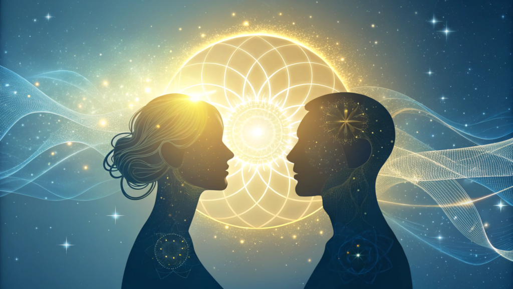 Illustration of two souls connecting through glowing energy, representing soul-level attraction and spiritual connection.