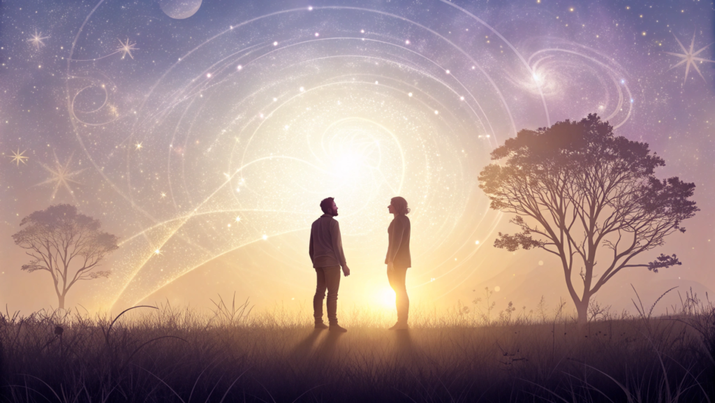 Illustration showing two souls reconnecting across lifetimes, symbolizing past life connections and timeless soul bonds.