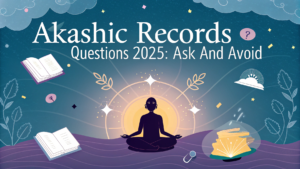 Meditating person surrounded by glowing symbols with the title Akashic Records Questions 2025: Ask and Avoid, representing spiritual guidance and insight