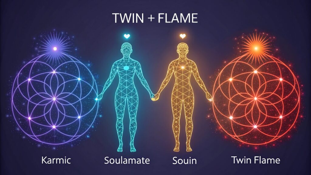 Depiction of soul connections: karmic partners, soulmates, and twin flames.