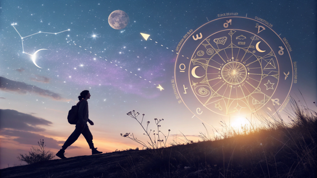An artistic illustration of past life astrology showing a zodiac birth chart with the South Node, North Node, and twelfth house, symbolizing karma, soul lessons, and spiritual growth.