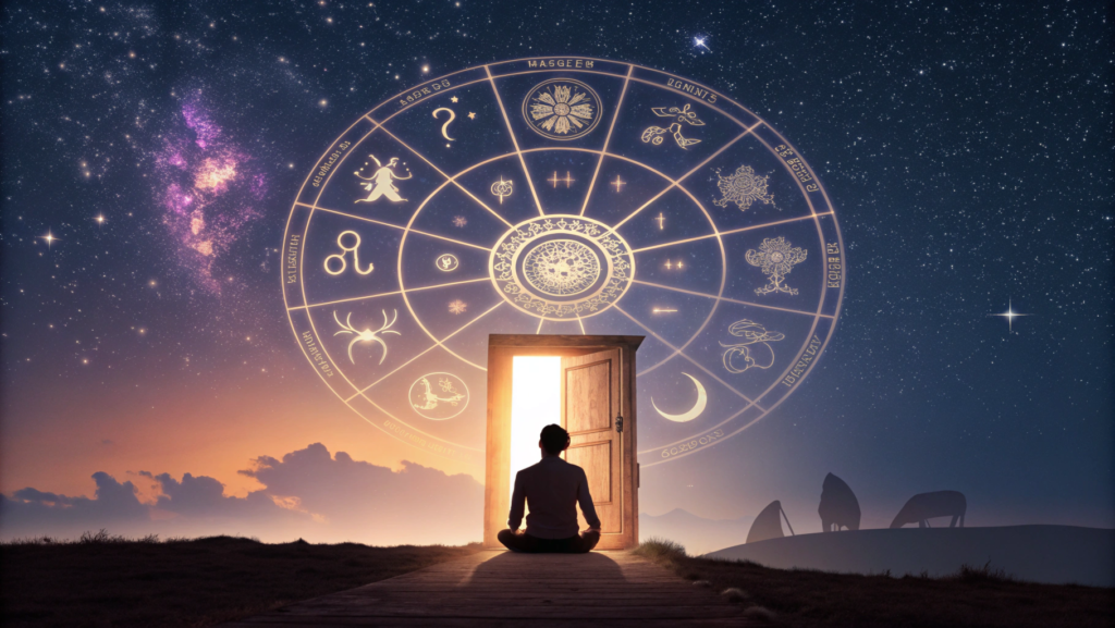 A spiritual illustration of past life astrology showing meditation, zodiac symbols, and mystical past life figures symbolizing karma and self-discovery