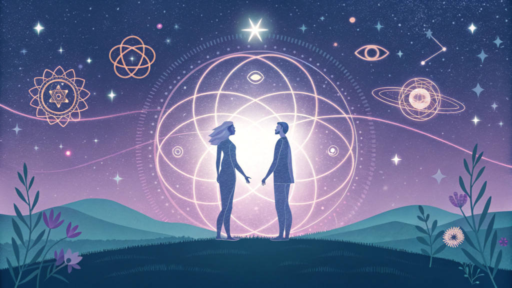 Two souls meet in a mystical cosmic landscape showing spiritual connection and divine timing.